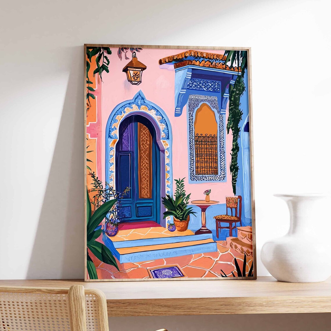 Vibrant Moroccan Courtyard Blue Door Pink Wall Illustration Print