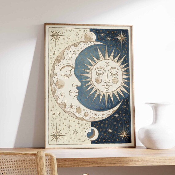 Golden Vintage Sun And Moon Faces Celestial Astrology Poster
