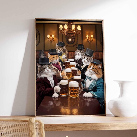 Seven Cats In Top Hats Enjoying Beer Steins At Pub Party Poster
