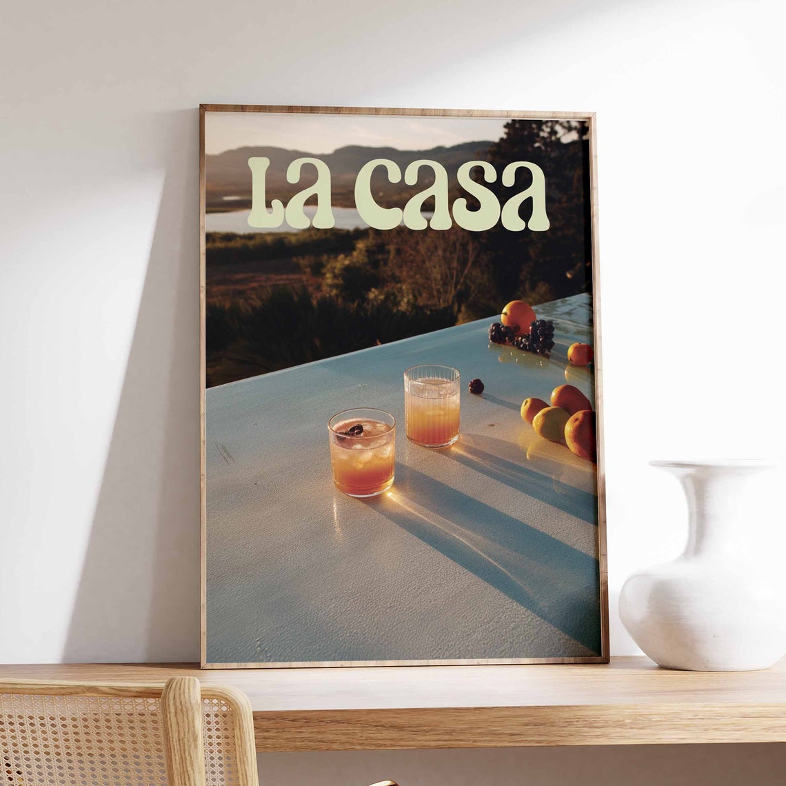 La Casa Sunset Poolside Cocktails Berry Hillside View Retro Print