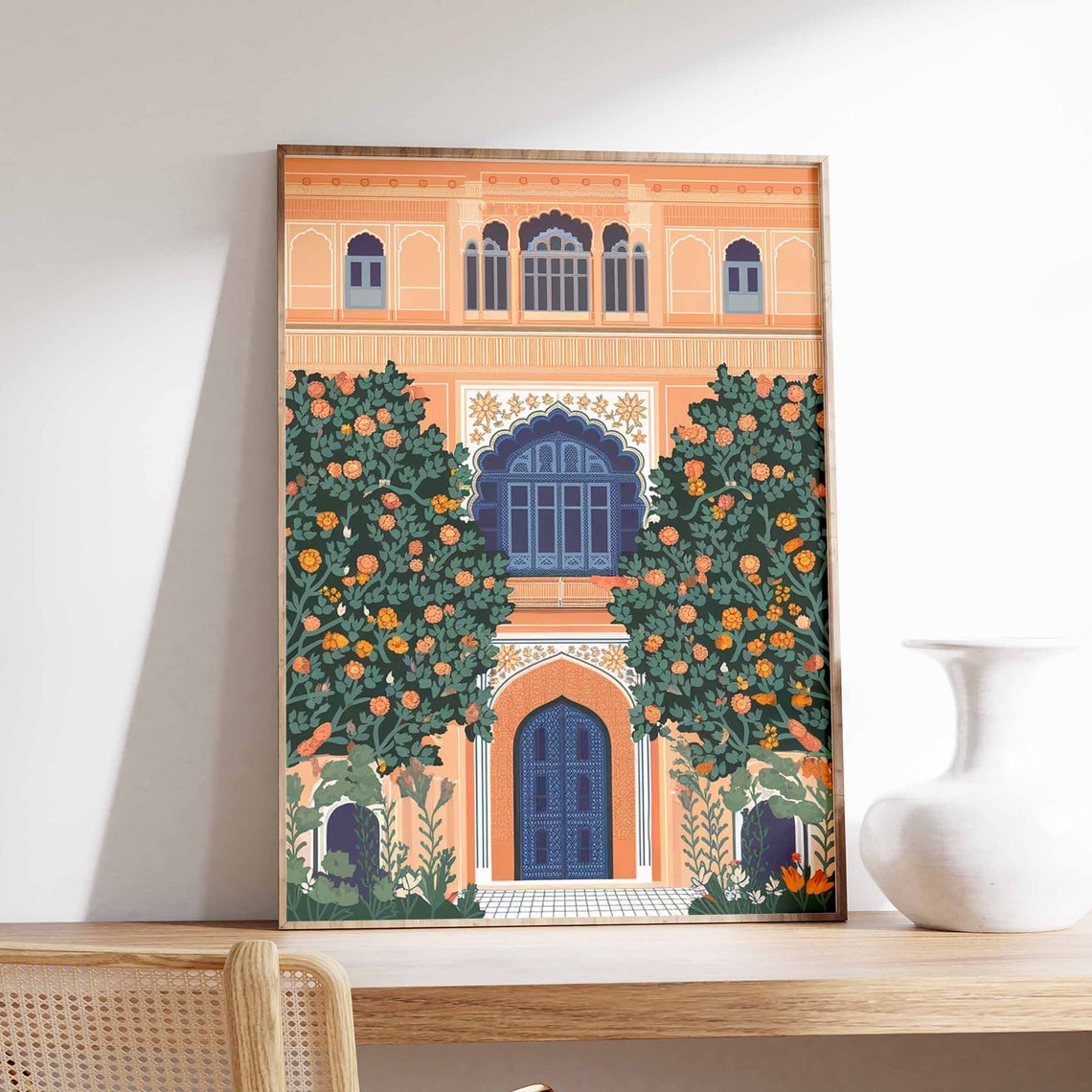 Peach Indian Palace Facade Blue Doors Orange Blossom Trees Poster