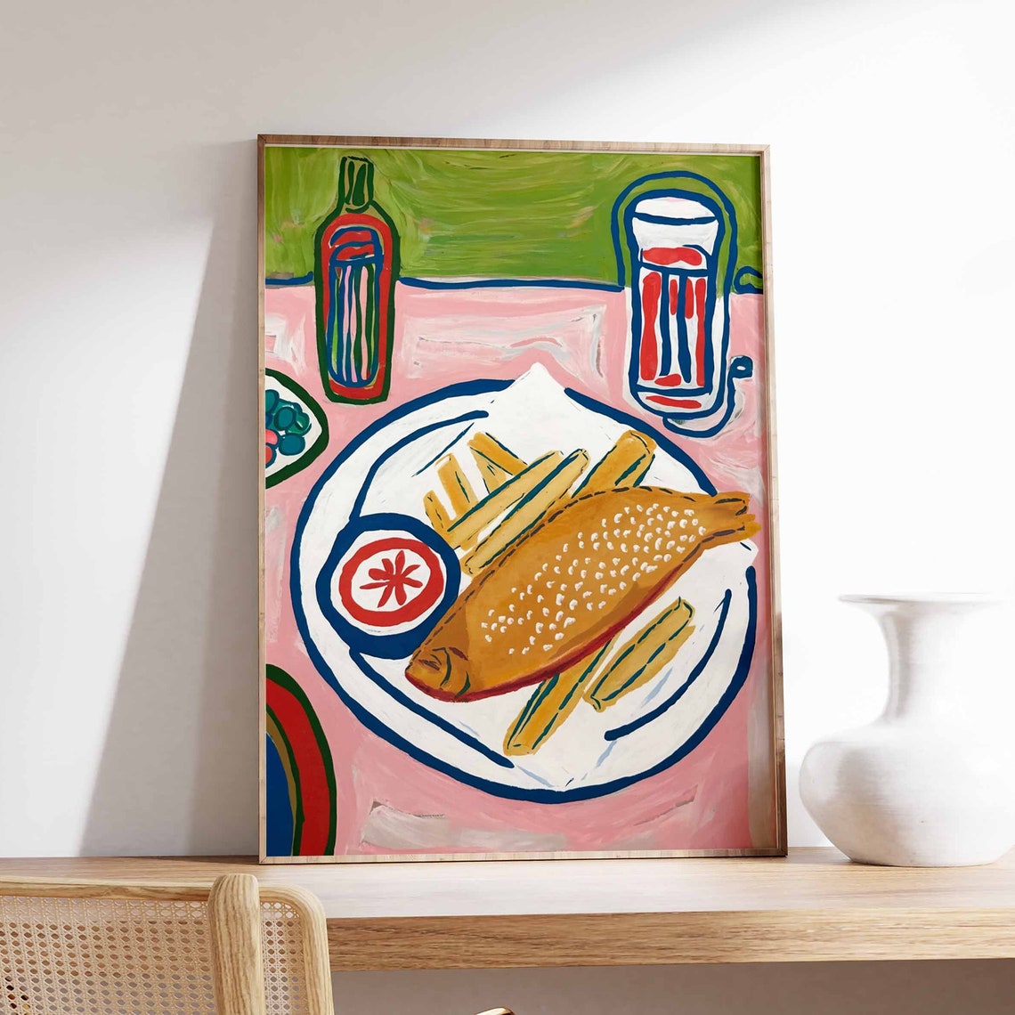 Battered Fish And Chips On Pink Table Bold Pop Food Art Poster