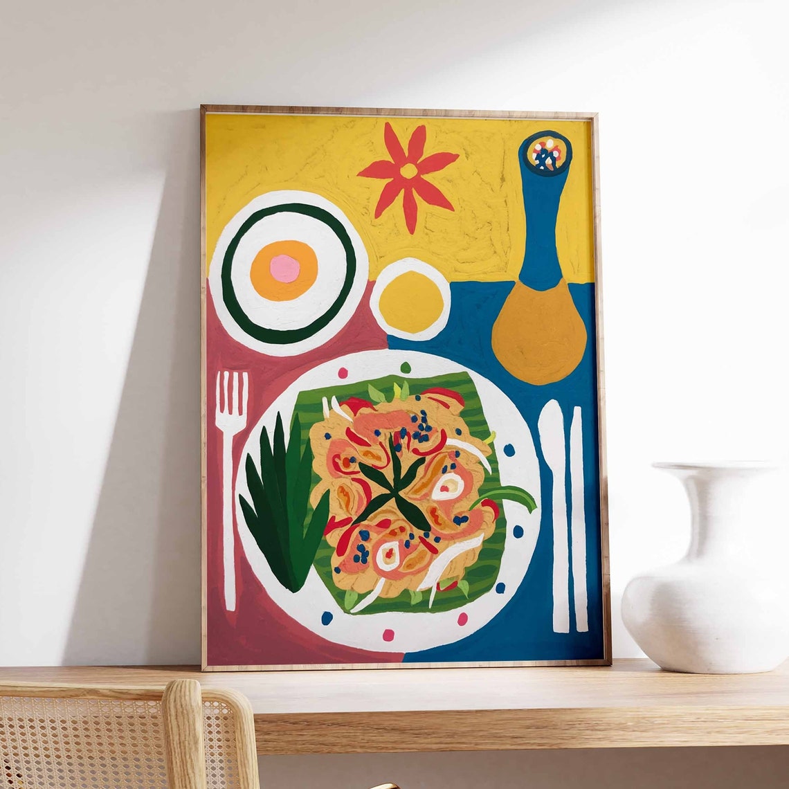 Thai Pad Thai Shrimp Dinner Illustration Colorful Kitchen Art Poster