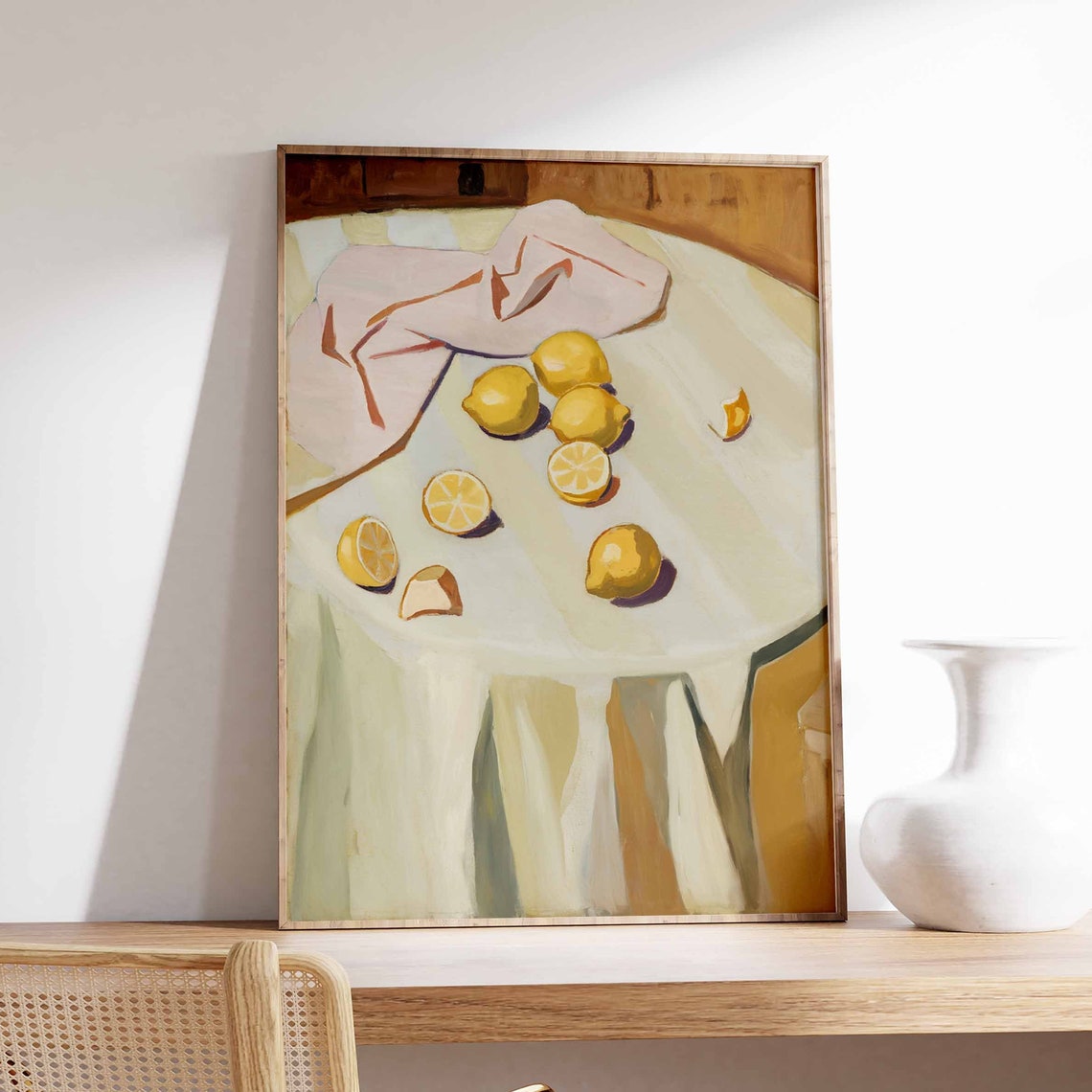 Lemon Still Life Tablecloth Oil Painting Citrus Kitchen Poster