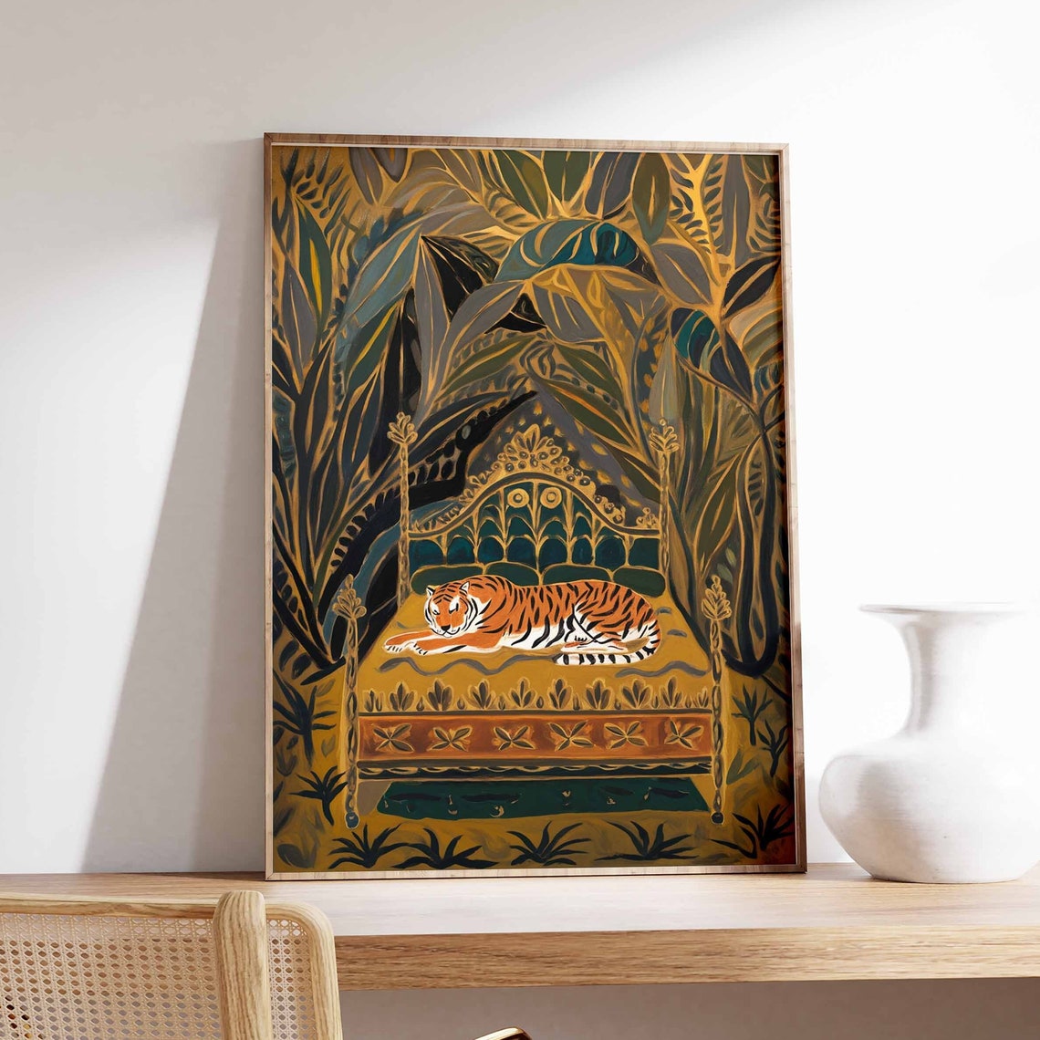 Resting Tiger on Golden Bed Dark Jungle Foliage Illustration Poster