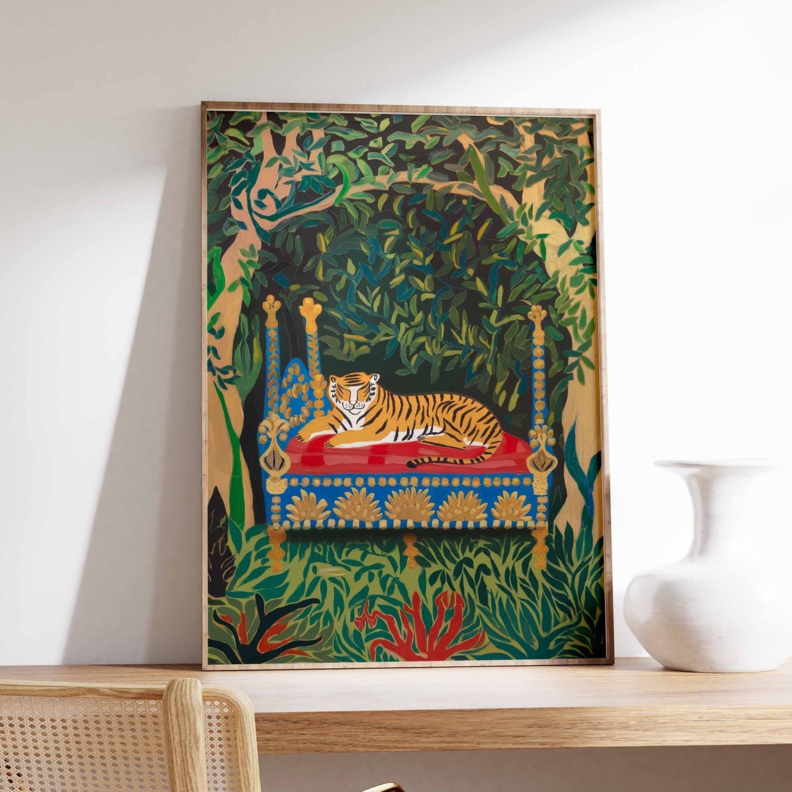 Tiger Resting on Red Throne Bed in Lush Green Jungle Art Poster