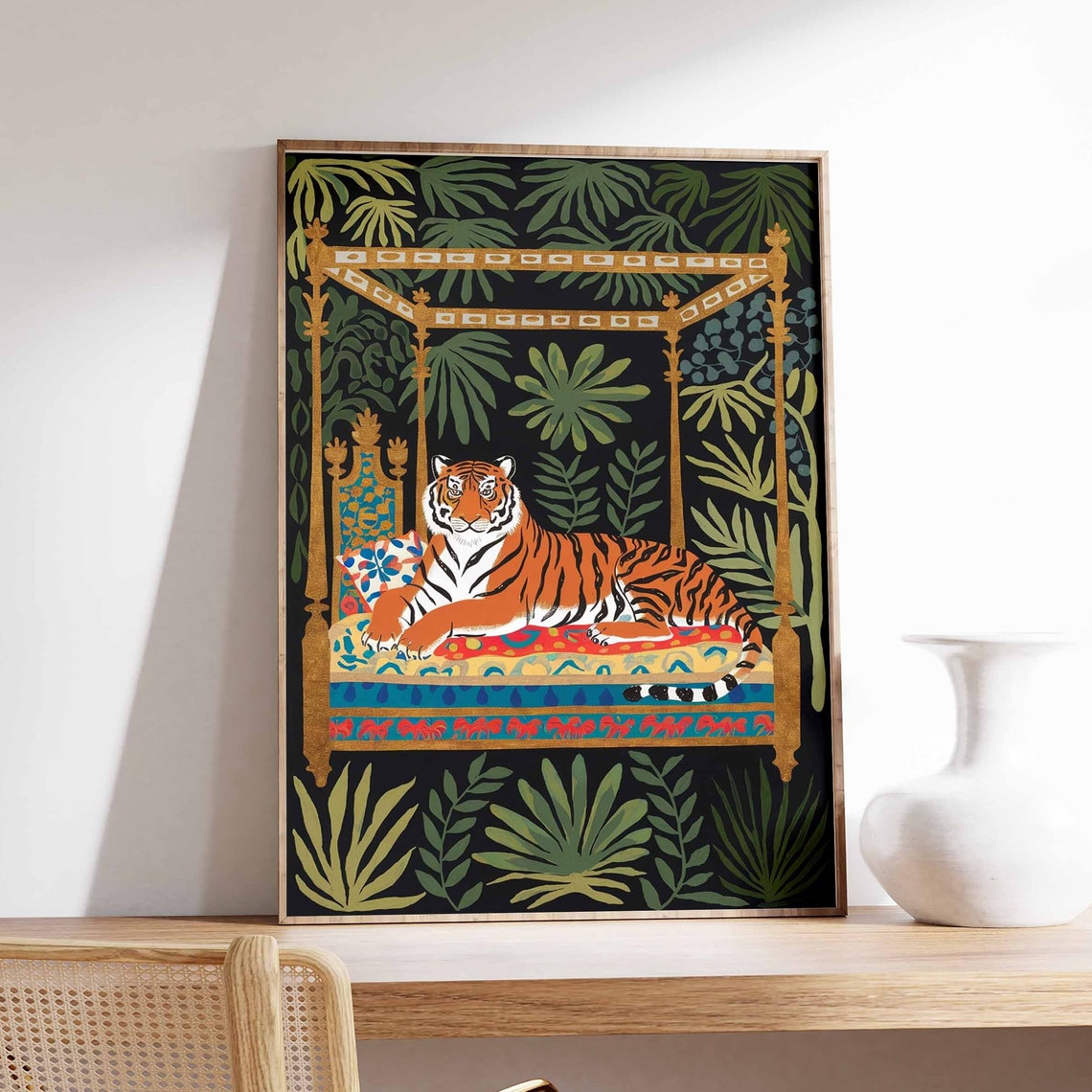 Tiger on Canopy Daybed with Palm Leaves Indian Jungle Poster