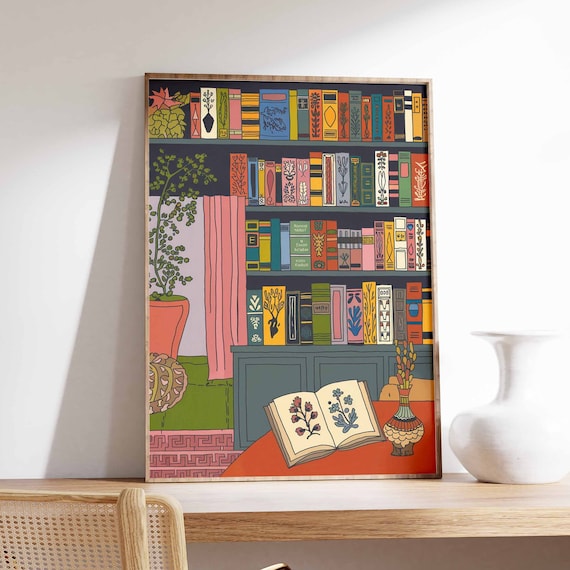 Vintage Library Poster with Illustrated Bookshelf and Open Book Art