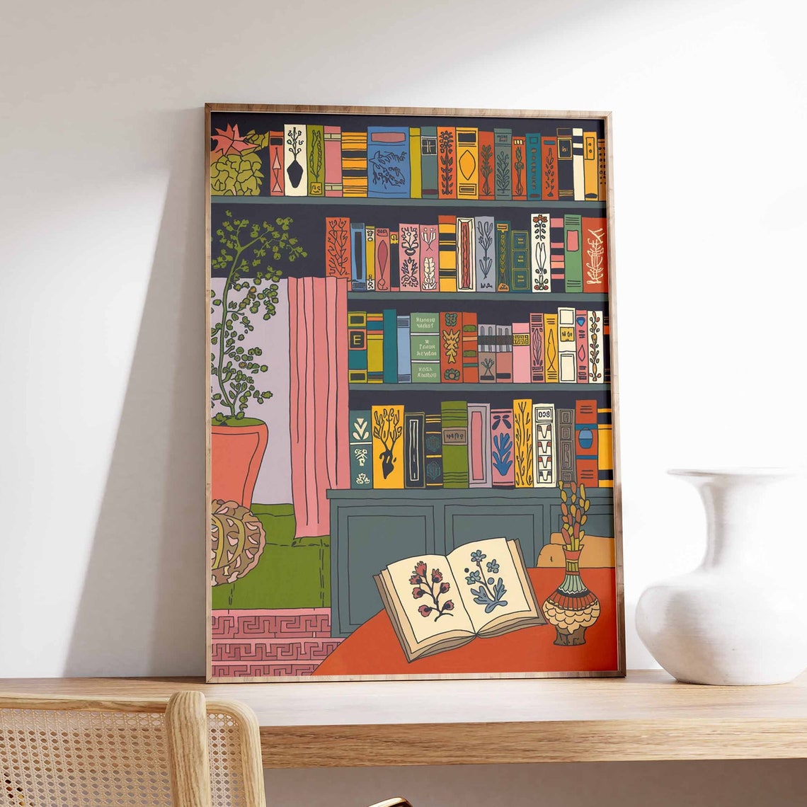 Vintage Library Poster with Illustrated Bookshelf and Open Book Art