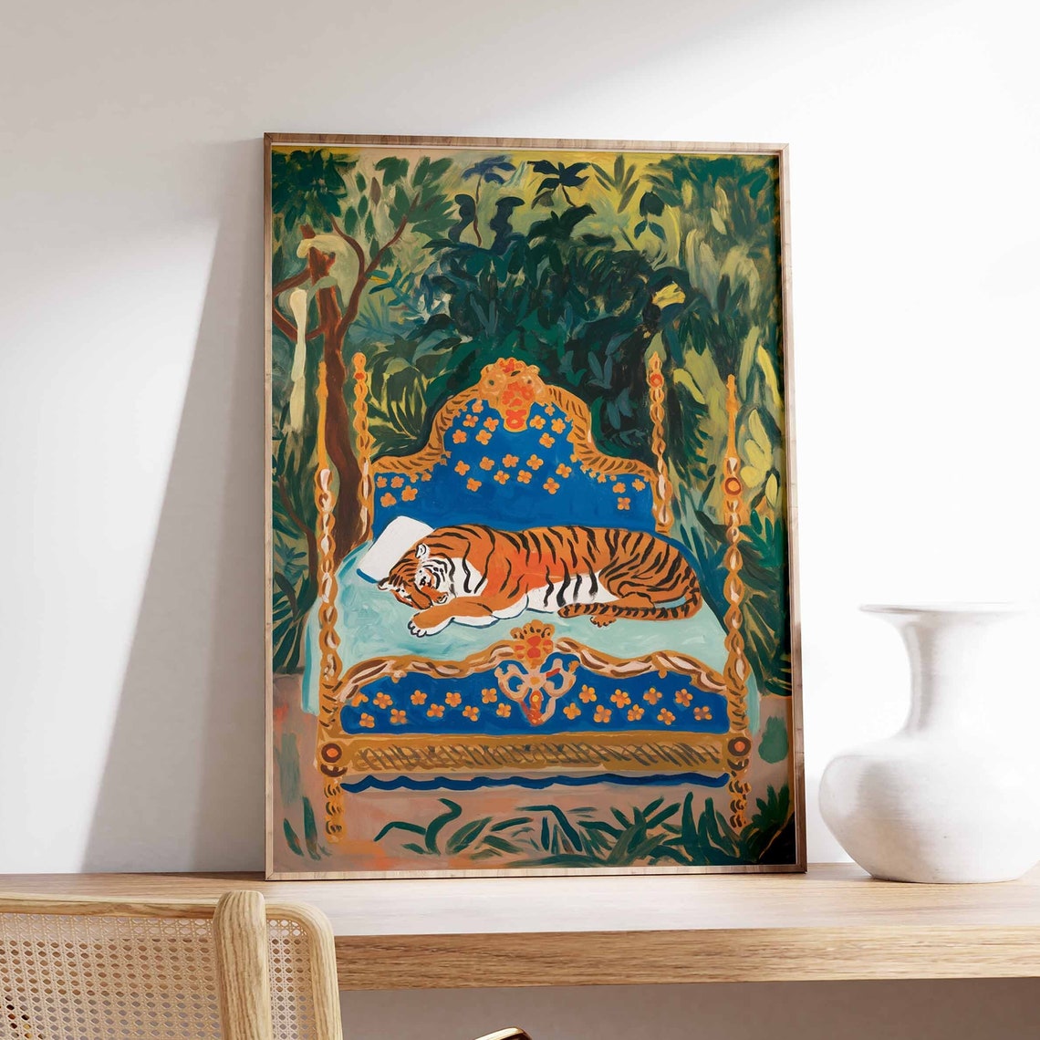Sleeping Tiger on Blue Ornate Bed Lush Jungle Night Art Poster
