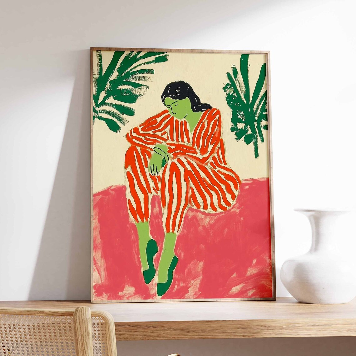 Woman in Red Striped Pajamas Bold Color Modern Figurative Poster