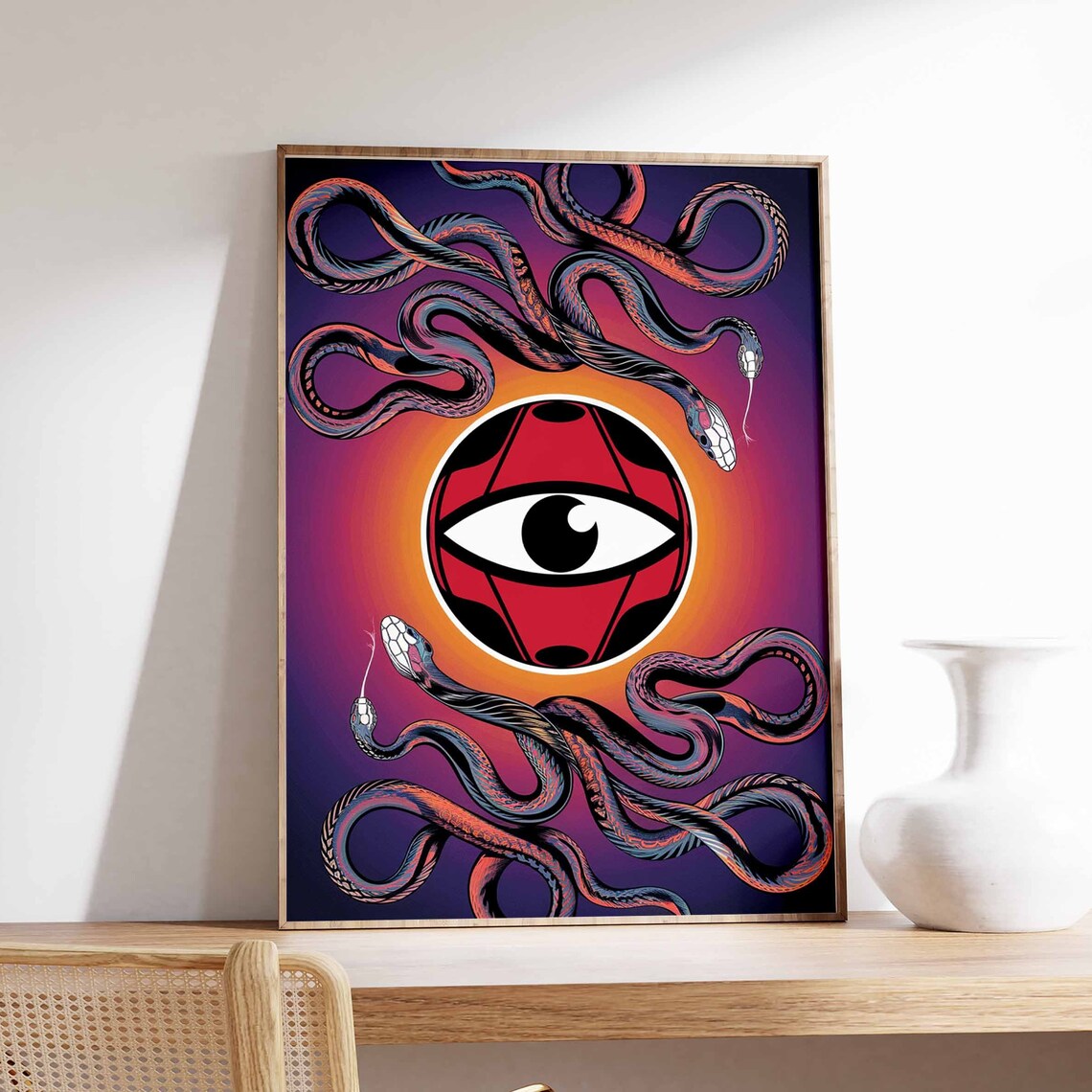 Medusa Serpents Coiled Red Eye Dark Surreal Mythology Art Poster