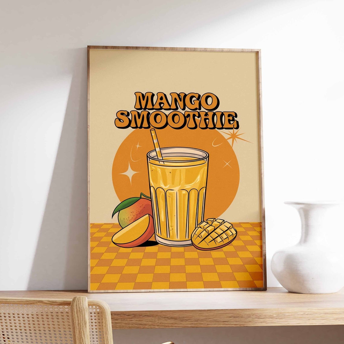 Mango Smoothie Sunny Retro Orange Checkered Diner Kitchen Poster