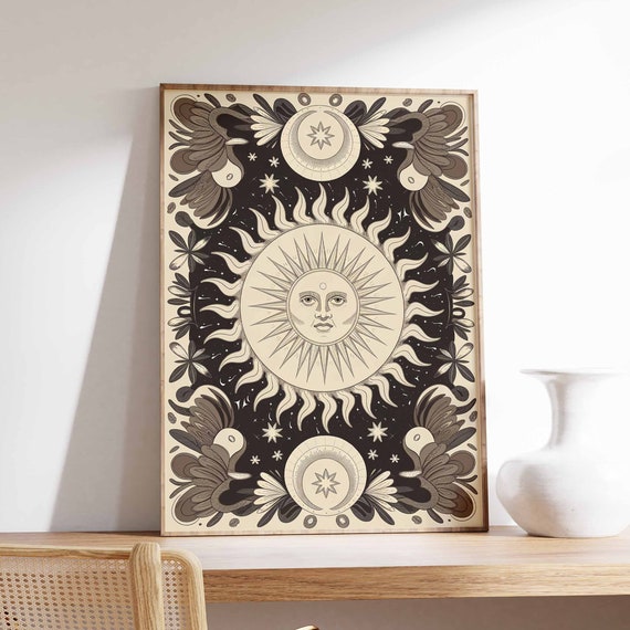 Sun And Moon Poster Celestial Poster Spiritual Decor Vintage Poster Retro Print 70s Poster Boho Poster Mystical Art Meditation Art