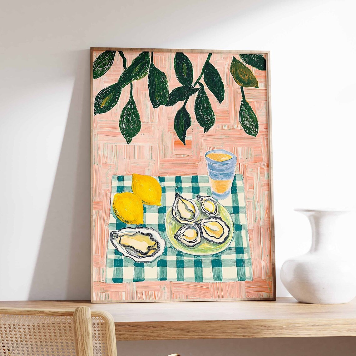 Oysters Lemons Orange Juice Green Gingham Summer Kitchen Wall Art