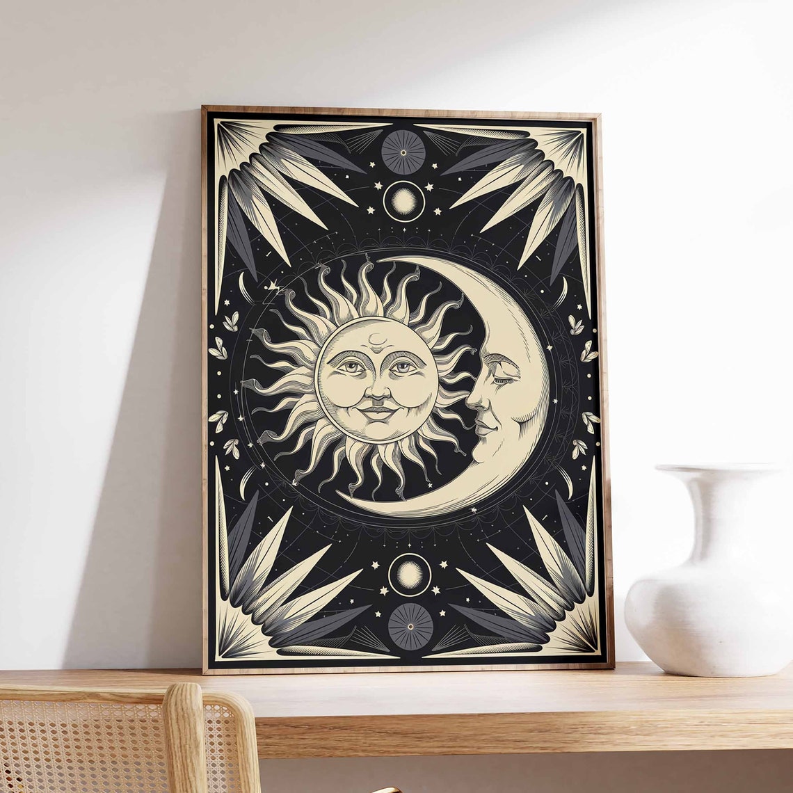 Art Deco Sun And Moon Faces Cream On Black Graphic Art Poster