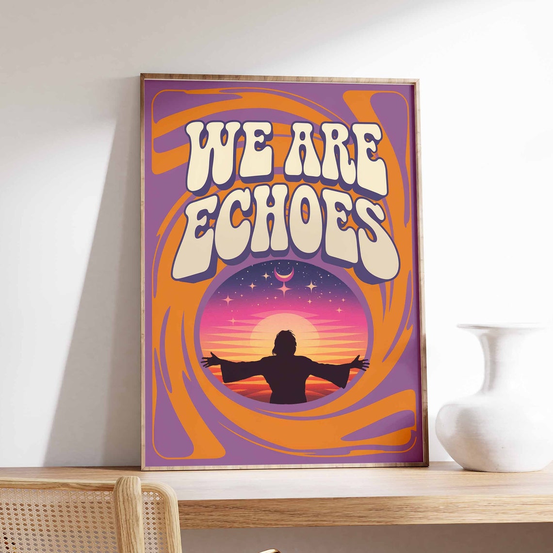 We Are Echoes Cosmic Sunset Silhouette Retro 70s Quote Poster