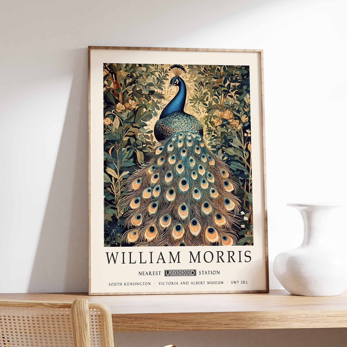 William Morris Peacock With Spread Tail Seen From Behind Poster