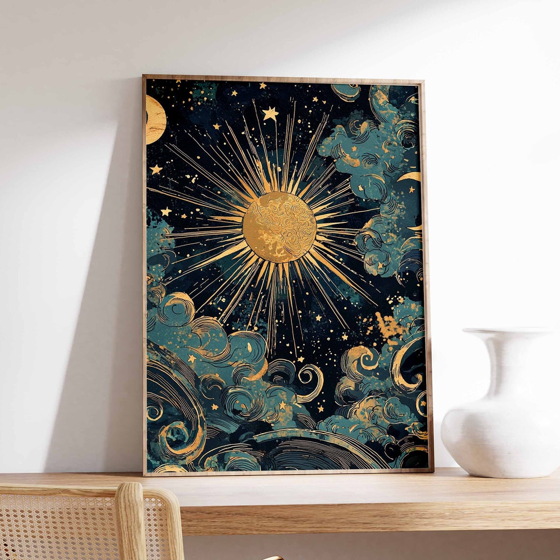 Golden Sunburst Over Stormy Midnight Teal Night Sky Art Poster