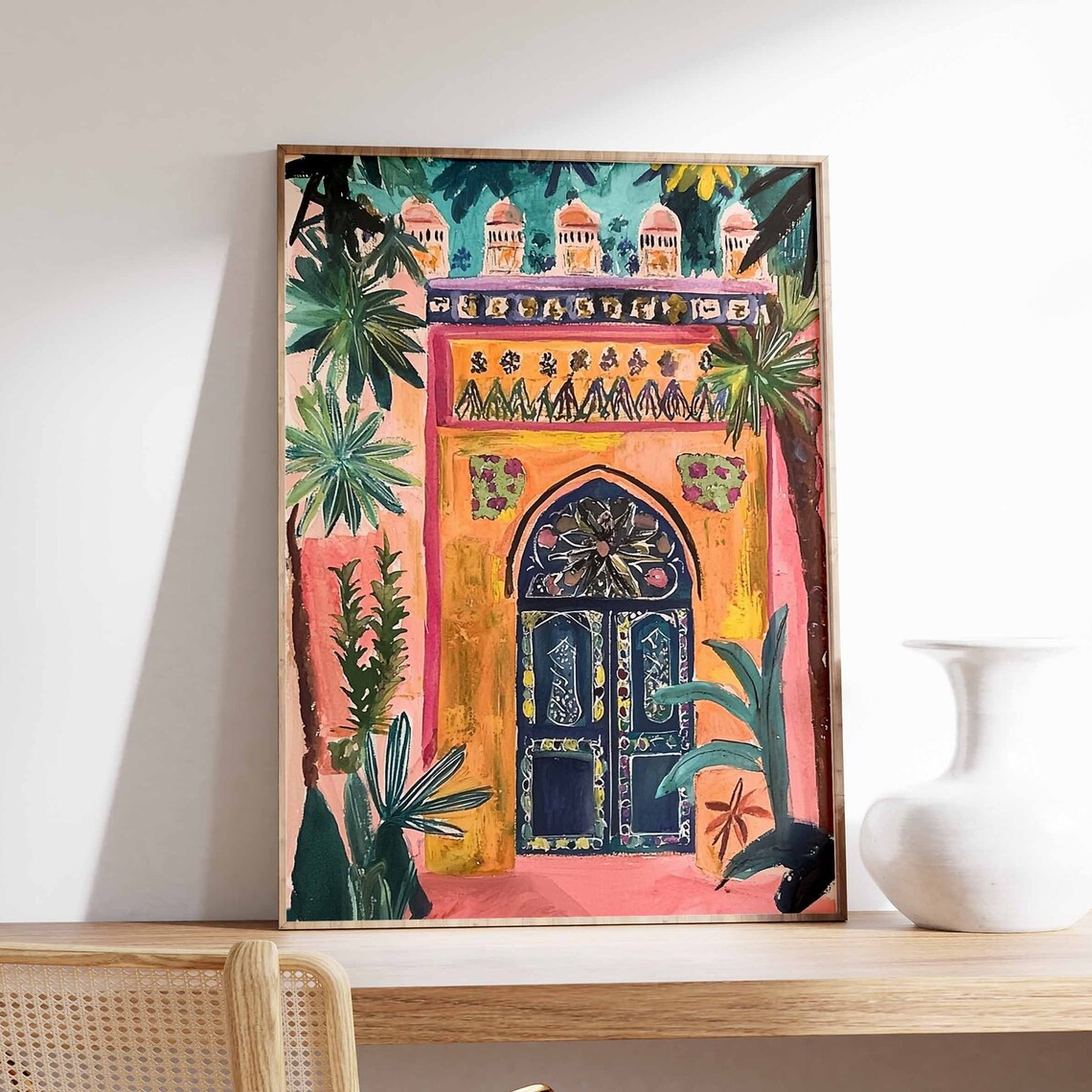 Colorful Palace Entry Pink Walls Tropical Palms Ornate Art Poster