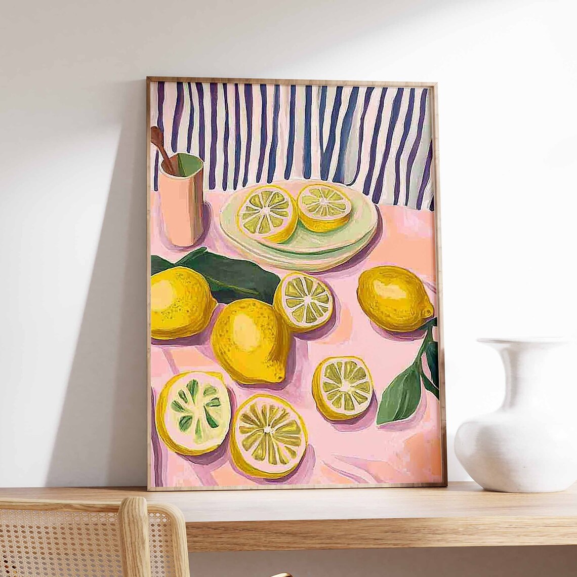 Pink Tablecloth Lemon Still Life Colorful Kitchen Decor Poster