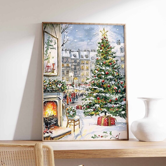 Cozy Christmas Street Watercolor With Decorated Tree And Fireplace Poster