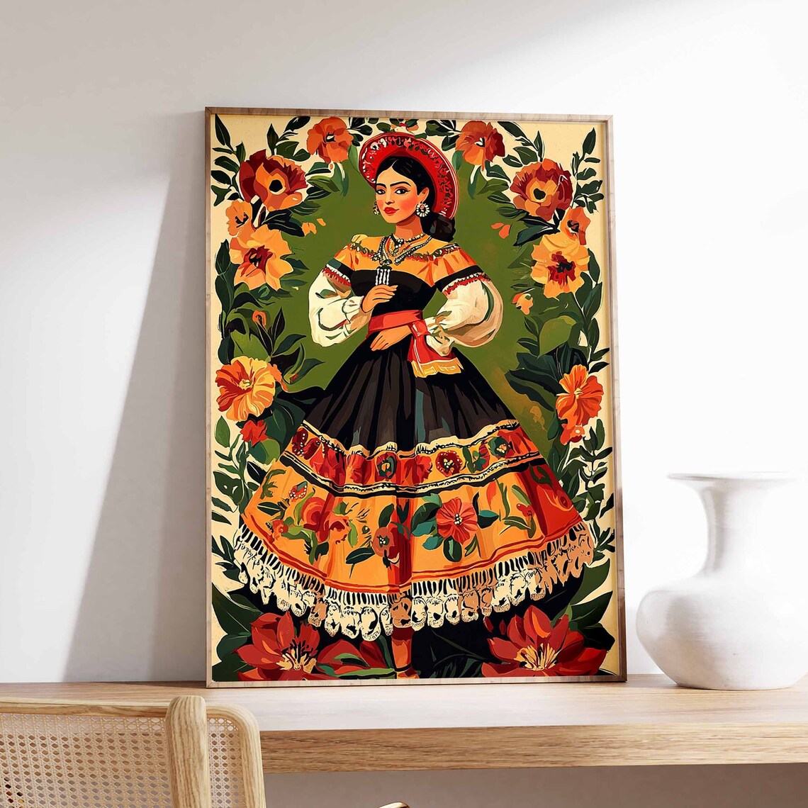 Mexican Folk Dancer in Orange Floral Dress Marigold Art Poster