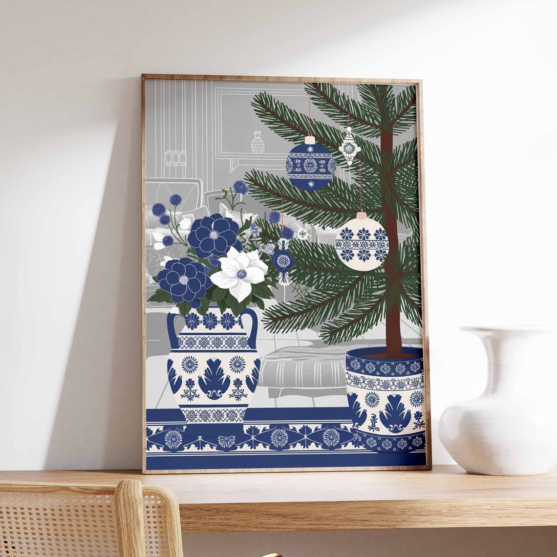 Elegant Gray Blue Chinoiserie Christmas Tree Floral Art Poster