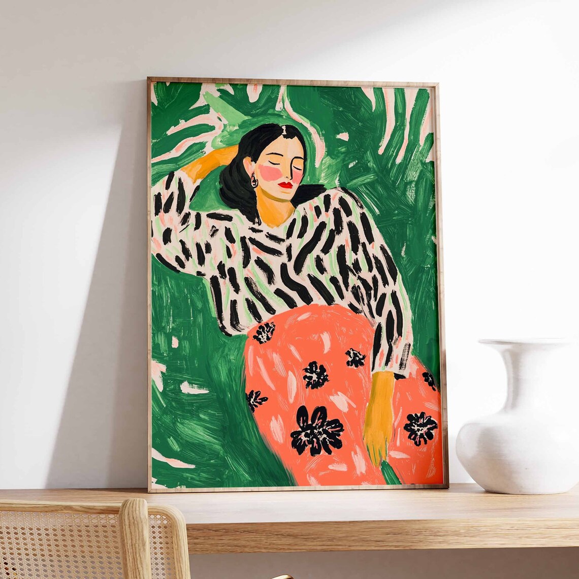 Woman in Striped Top Coral Floral Skirt Garden Portrait Poster