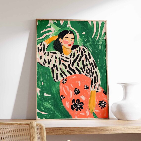 Woman in Striped Top Coral Floral Skirt Garden Portrait Poster