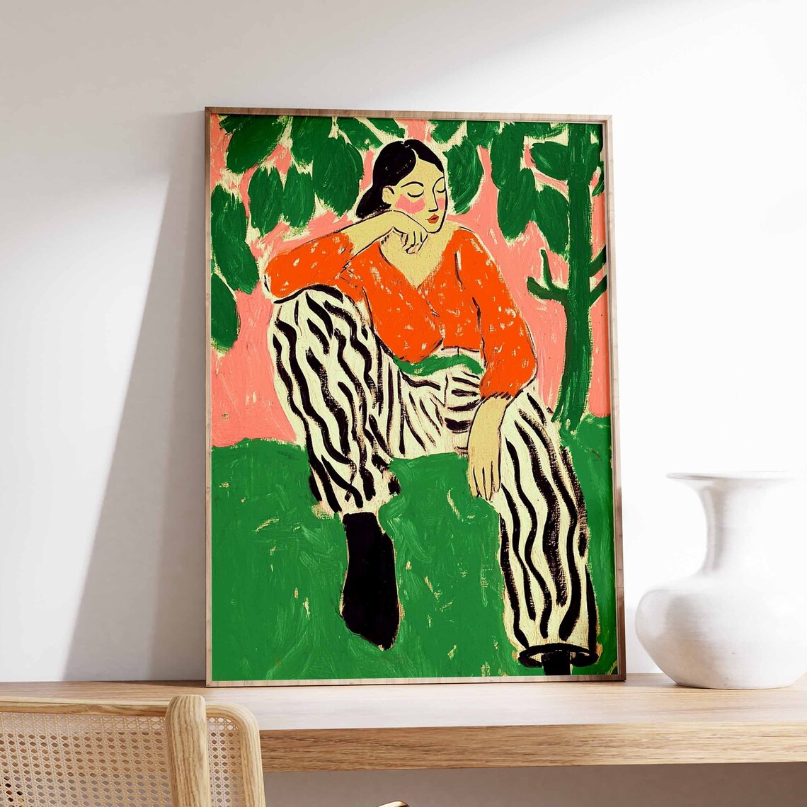 Dreaming Woman Orange Top Zebra Pants Leafy Portrait Art Poster