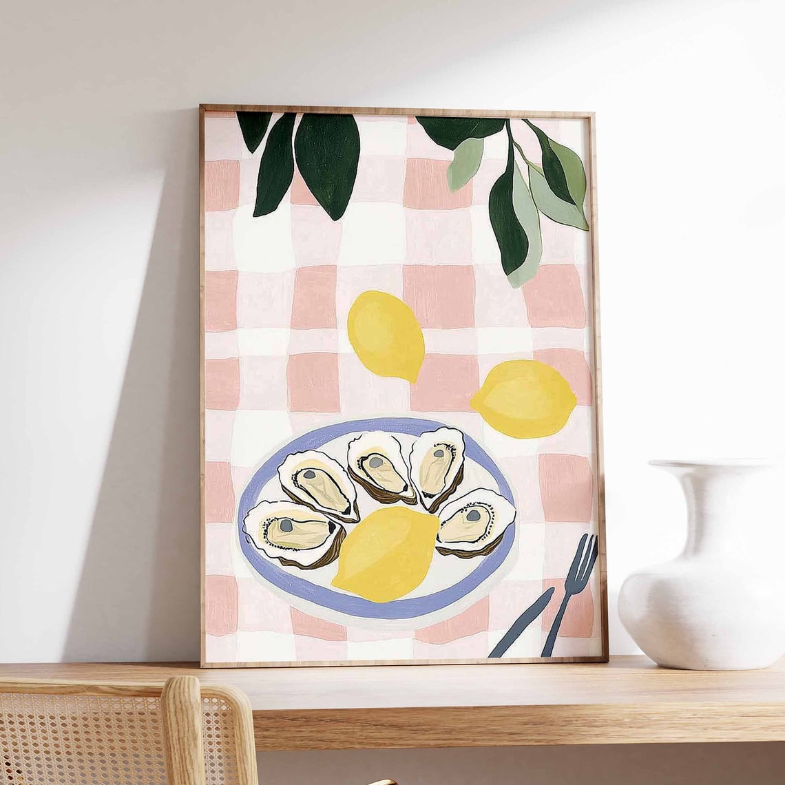 Oysters on Pink Gingham Lemon Seafood Coastal Kitchen Wall Art