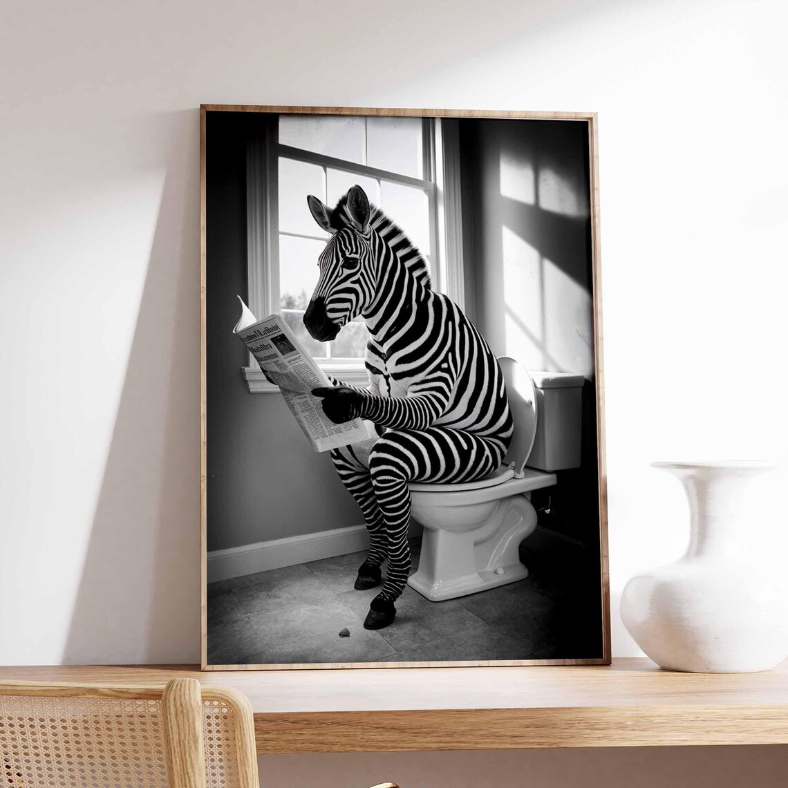 Zebra Reading Newspaper on Toilet Funny Bathroom Black White Poster