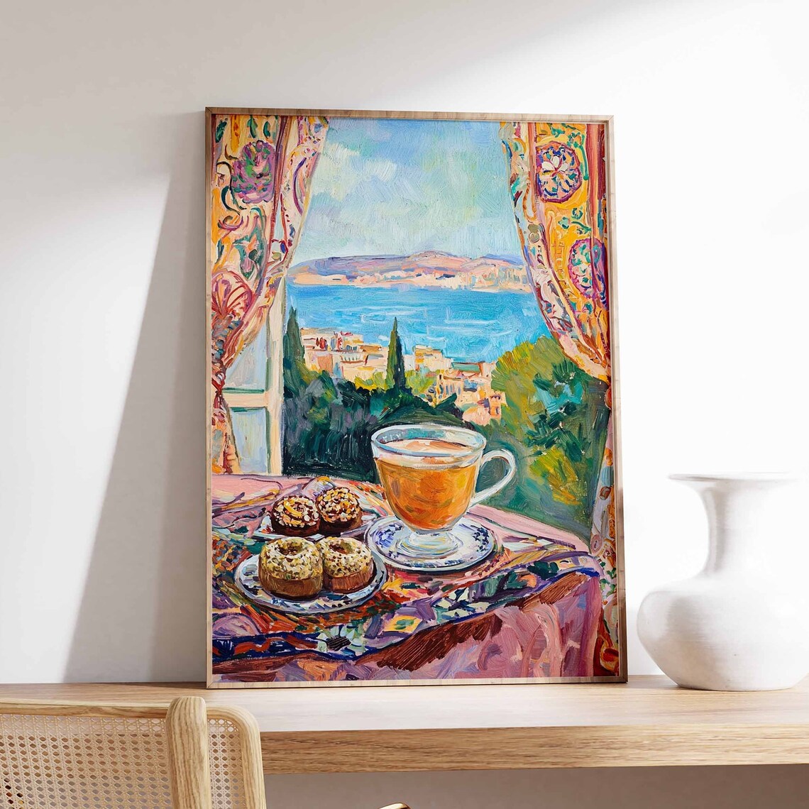 Tea and Pastries by the Sea Fauvist Window View Still Life Art Poster