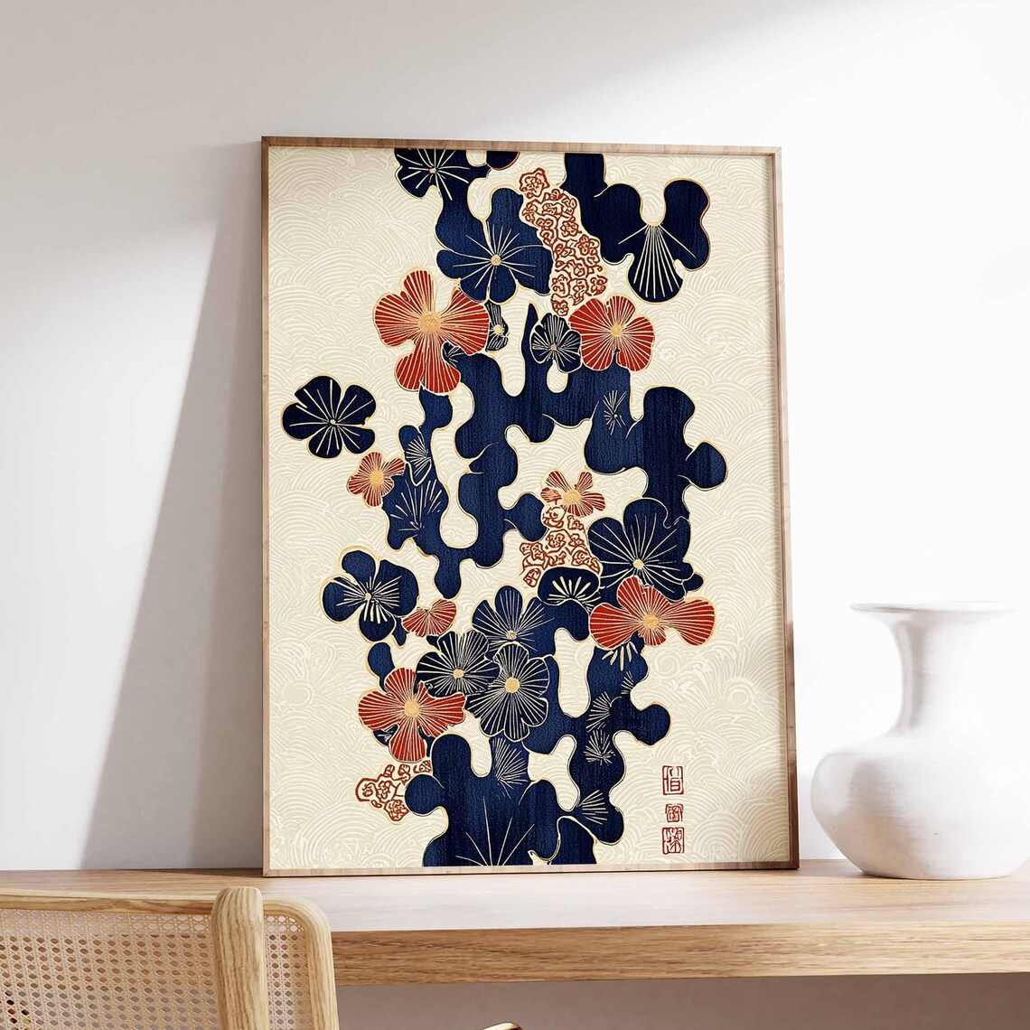 Japanese Navy Red Floral Kimono Style Botanical Vintage Art Poster