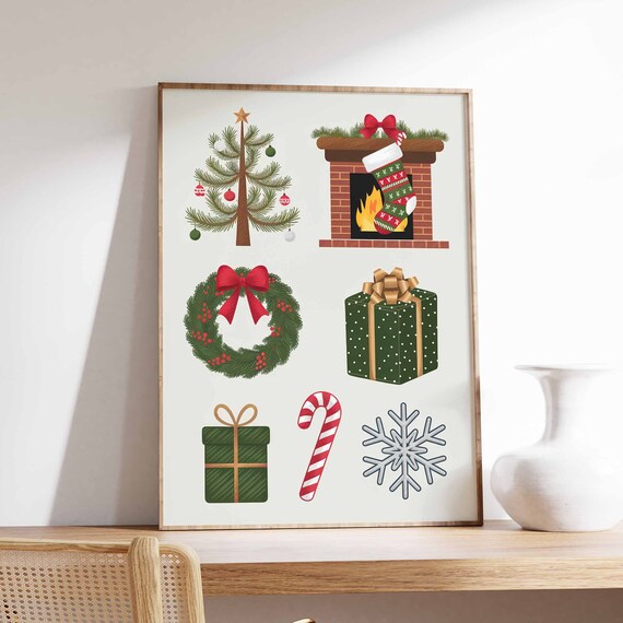 Watercolor Christmas Icons Fireplace Wreath Gift Snowflake Poster