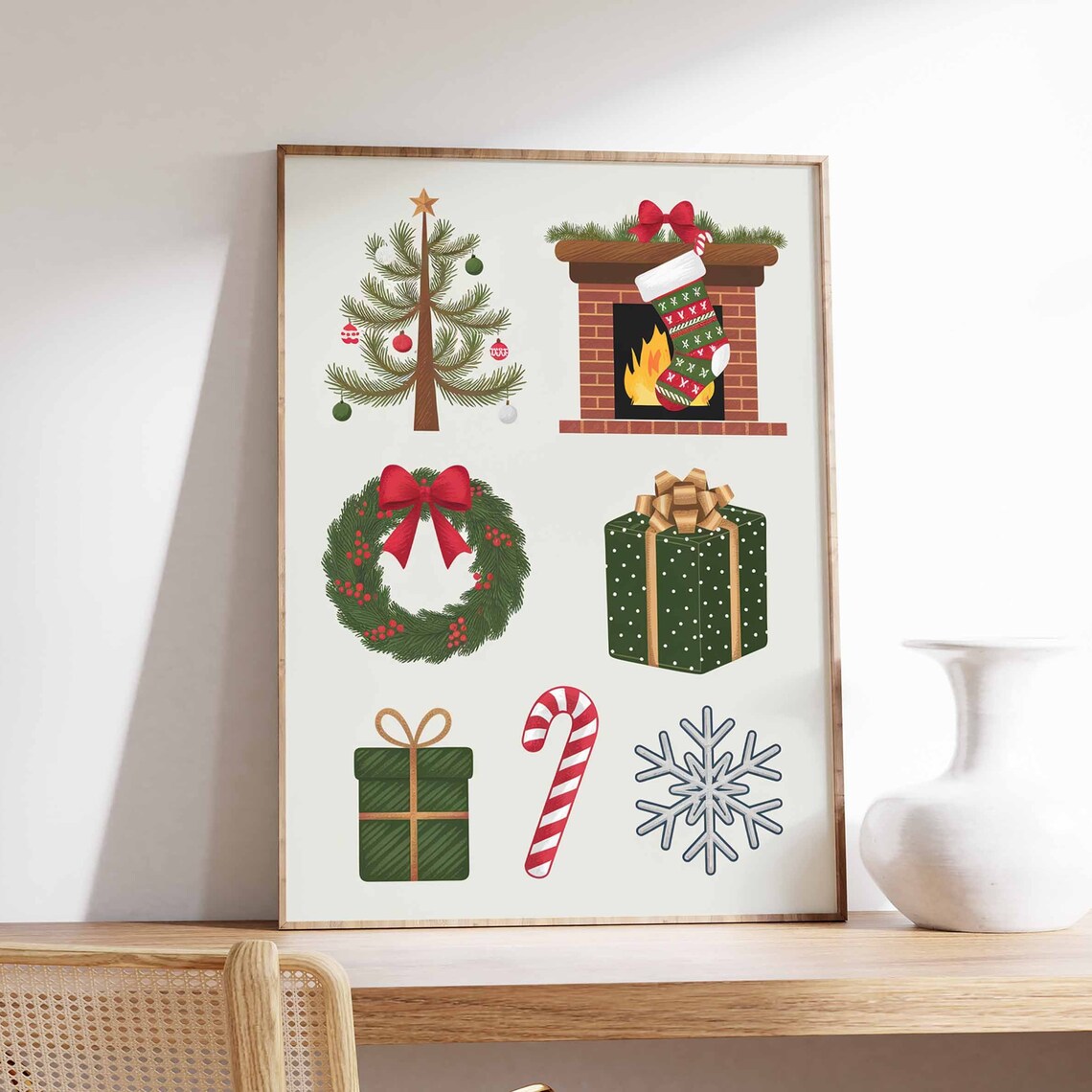 Watercolor Christmas Icons Fireplace Wreath Gift Snowflake Poster