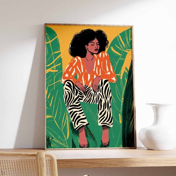 Woman With Afro in Zebra Pants Bold Colorful Botanical Art Poster