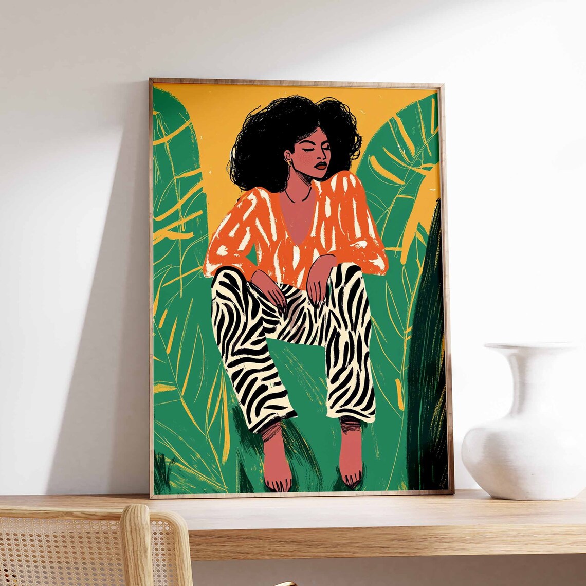 Woman With Afro in Zebra Pants Bold Colorful Botanical Art Poster