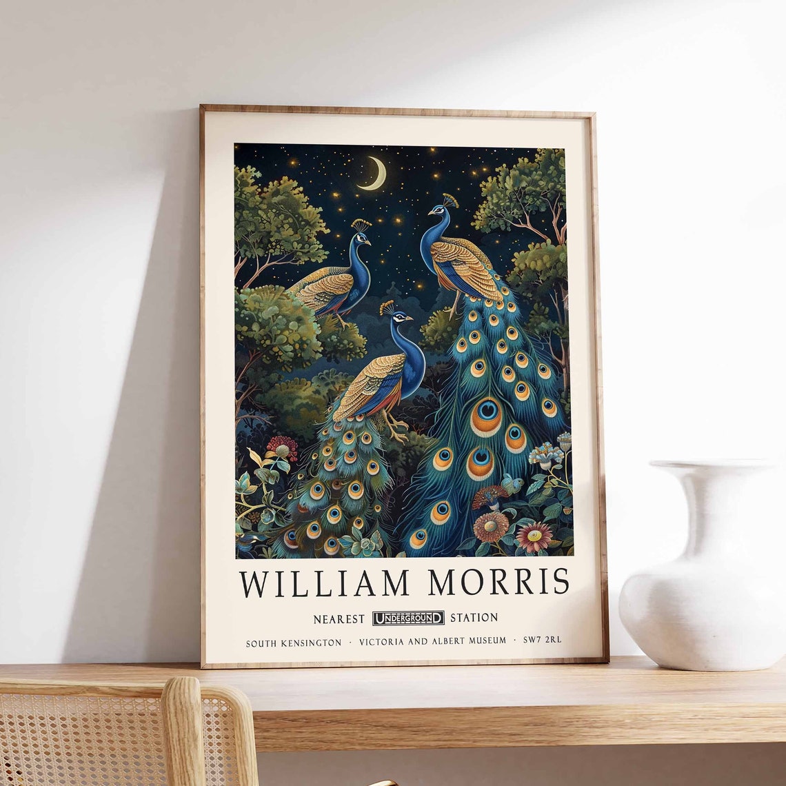 William Morris Three Peacocks Under Crescent Moon Night Poster