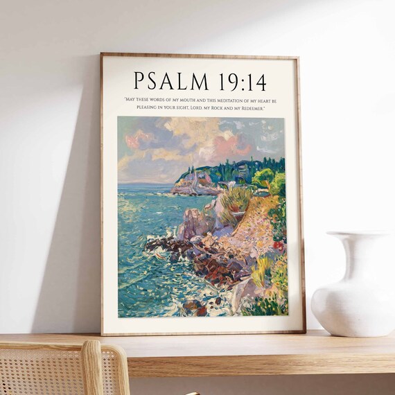 Psalm 19 14 Bible Verse Coastal Impressionist Art Decor Poster