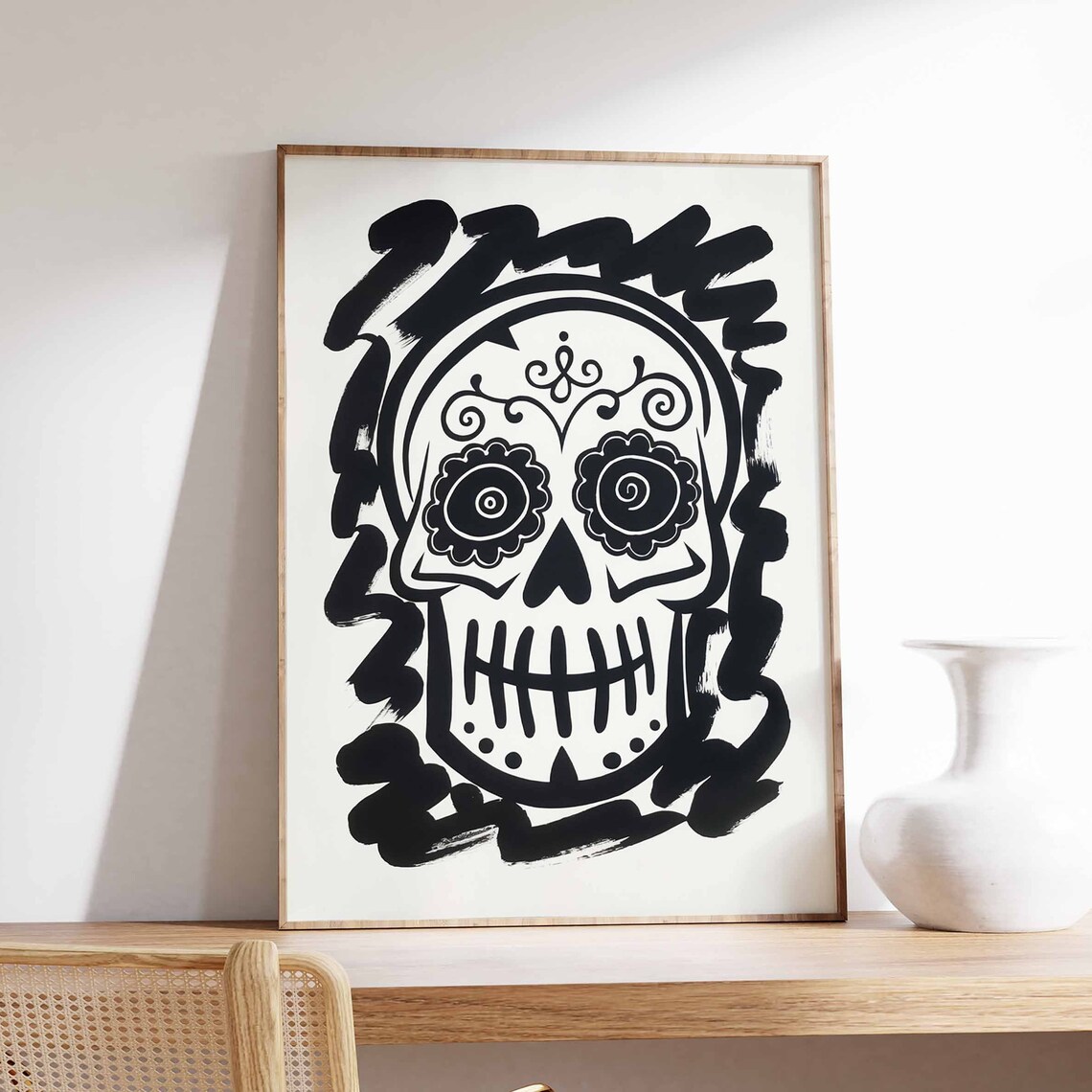 Ornate Sugar Skull With Round Eyes Black And White Art Poster