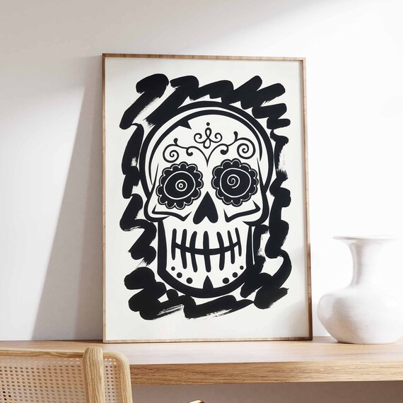 Ornate Sugar Skull With Round Eyes Black And White Art Poster
