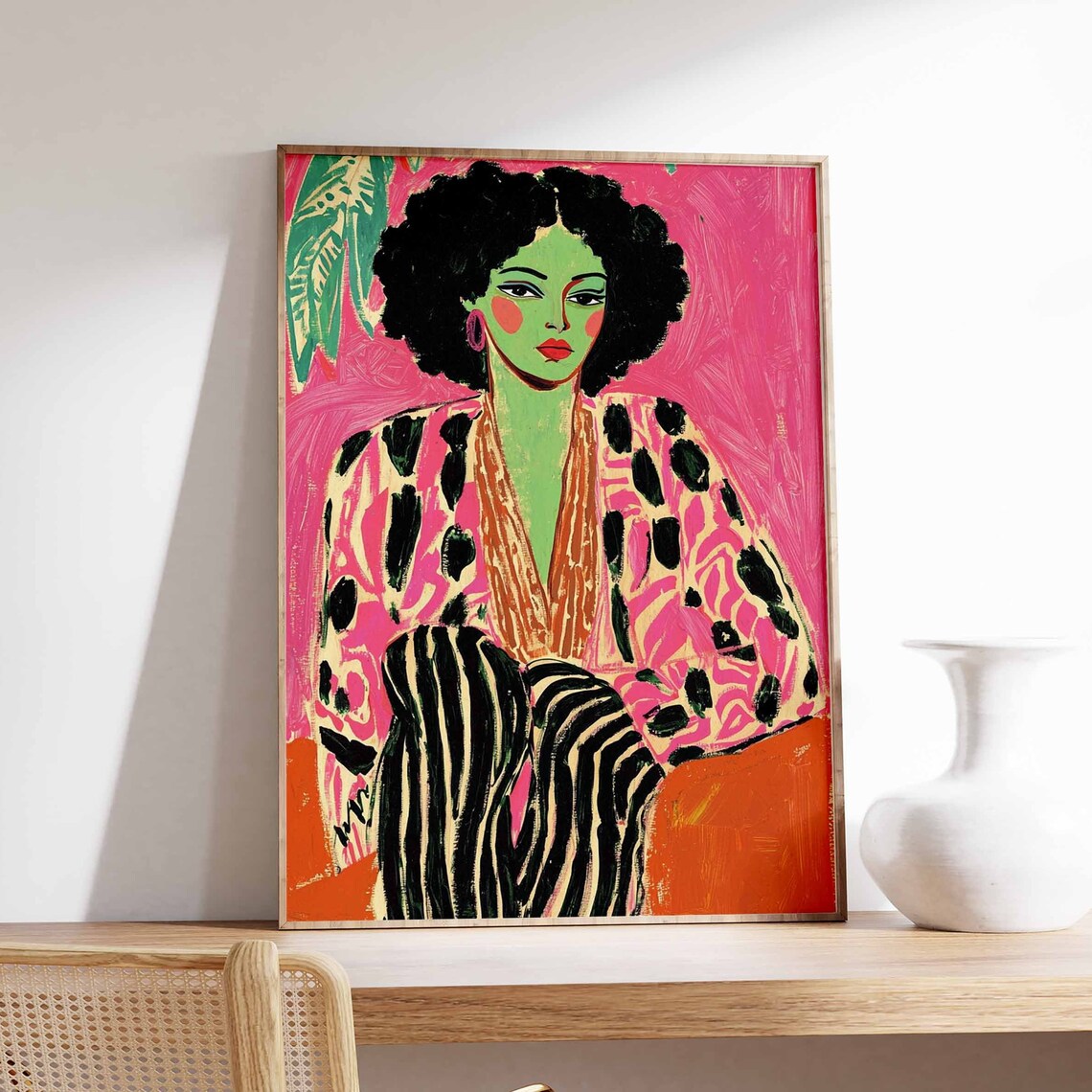 Woman With Afro Pink Spotted Robe Fauvist Portrait Art Poster