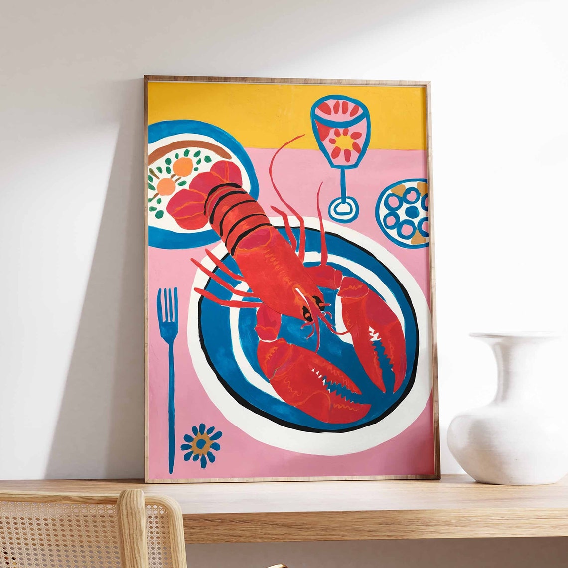 Big Red Lobster On Patterned Plate Bold Seafood Dinner Art Poster