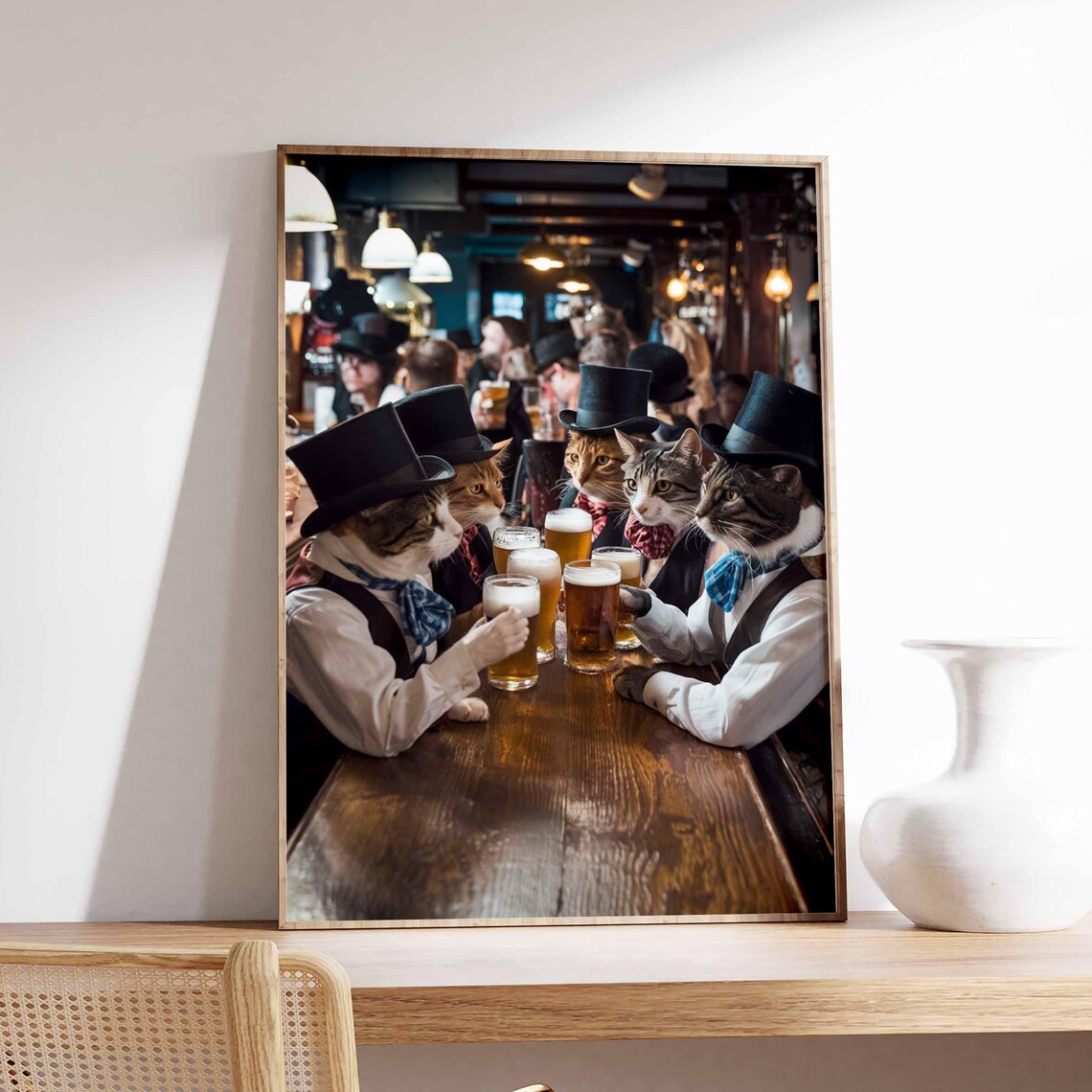 Seven Cats in Top Hats and Vests with Beer at Bar Table Funny Poster