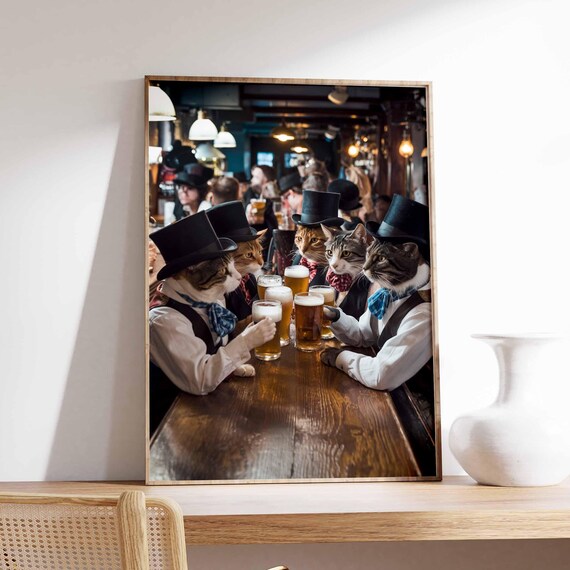 Seven Cats in Top Hats and Vests with Beer at Bar Table Funny Poster