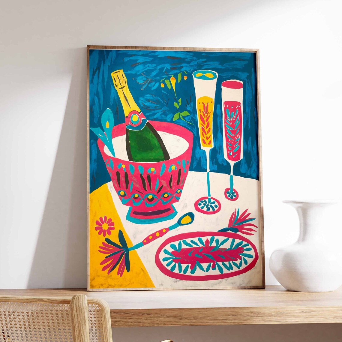 Champagne Bottle In Pink Ice Bucket With Flutes Celebration Poster