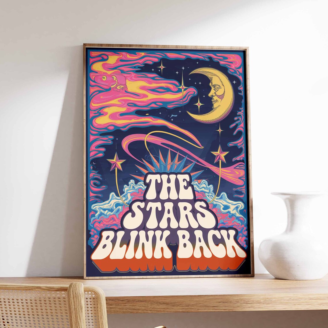 The Stars Blink Back Celestial Moon Retro 70s Quote Art Poster