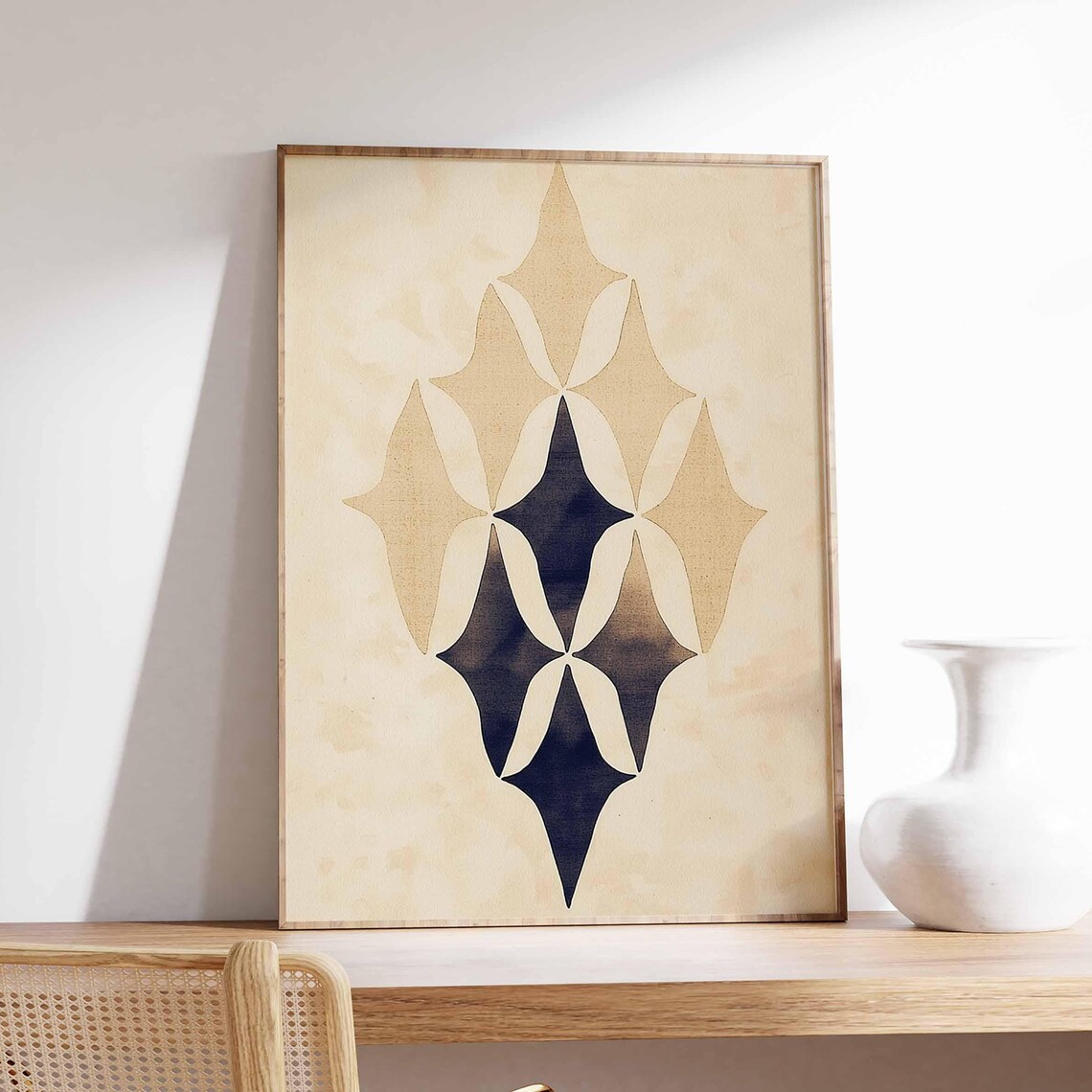 Abstract Navy Diamond Shapes Minimalist Cream Beige Art Poster